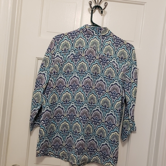 Chico's Scallop-Print Button Front No Iron Linen Shirt Size 0=8/10 Colorful - Picture 11 of 13